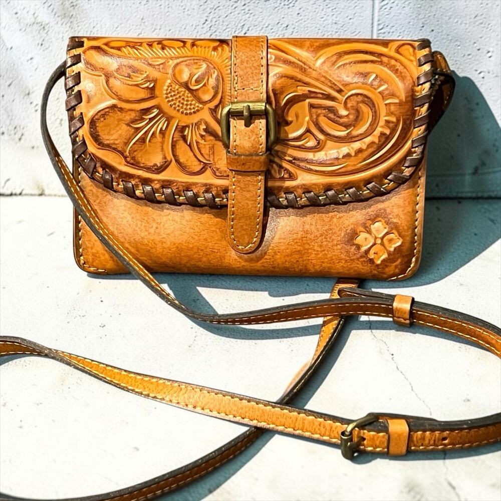Patricia Nash Torri crossbody bag, crafted from burnished tooled leather